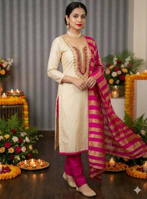 beige embroidered khadi cotton unstitched dress material  4