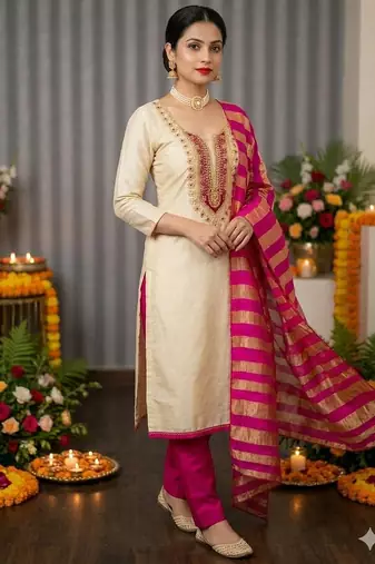 beige embroidered khadi cotton unstitched dress material 
