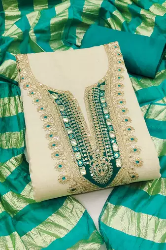 beige embroidered khadi cotton unstitched dress material 