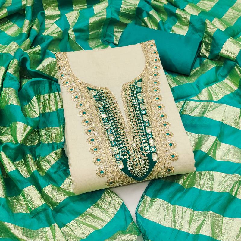 beige embroidered khadi cotton unstitched dress material 
