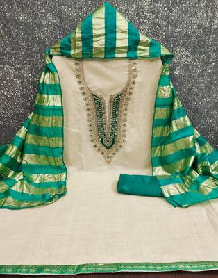 beige embroidered khadi cotton unstitched dress material  2