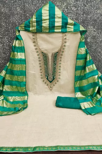beige embroidered khadi cotton unstitched dress material 