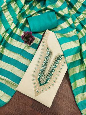 beige embroidered khadi cotton unstitched dress material  3