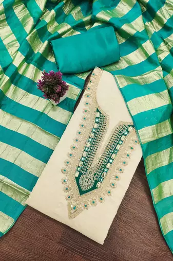 beige embroidered khadi cotton unstitched dress material 