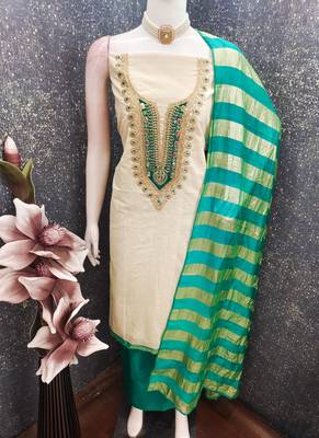 beige embroidered khadi cotton unstitched dress material  4