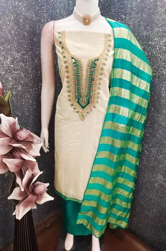 beige embroidered khadi cotton unstitched dress material 