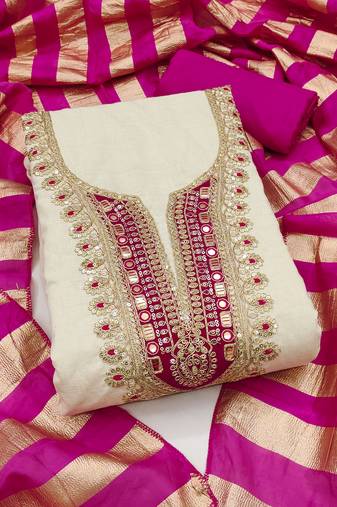 beige embroidered khadi cotton unstitched dress material 