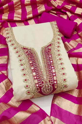 beige embroidered khadi cotton unstitched dress material 