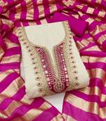 beige embroidered khadi cotton unstitched dress material 