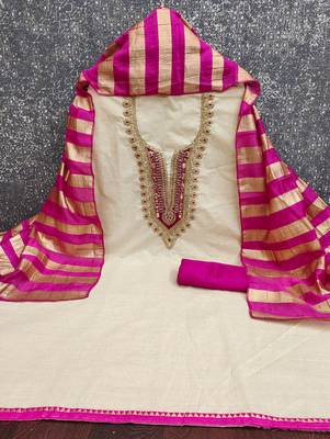 beige embroidered khadi cotton unstitched dress material  2