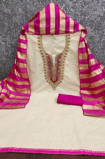 beige embroidered khadi cotton unstitched dress material 
