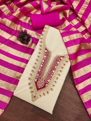 beige embroidered khadi cotton unstitched dress material  3