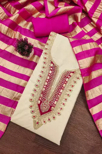 beige embroidered khadi cotton unstitched dress material 