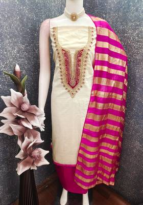 beige embroidered khadi cotton unstitched dress material  4
