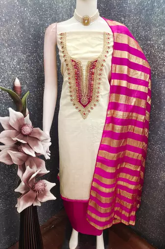 beige embroidered khadi cotton unstitched dress material 