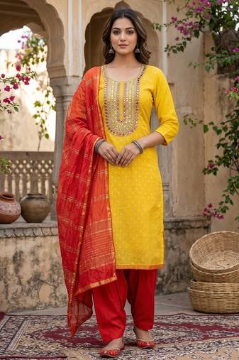 yellow  weaved shimmer jacquard butti unstitched dress material 