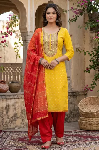 yellow  weaved shimmer jacquard butti unstitched dress material 