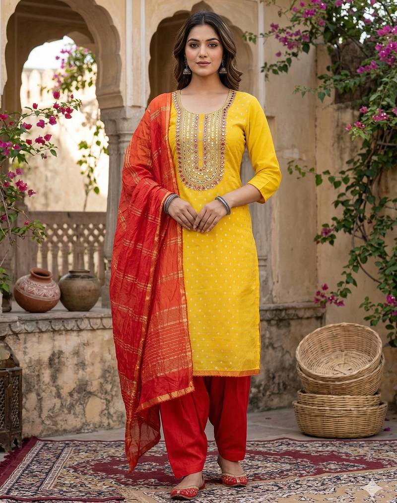 yellow  weaved shimmer jacquard butti unstitched dress material 