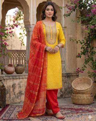 yellow  weaved shimmer jacquard butti unstitched dress material  3