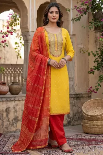 yellow  weaved shimmer jacquard butti unstitched dress material 