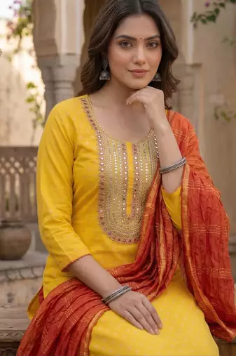 yellow  weaved shimmer jacquard butti unstitched dress material 