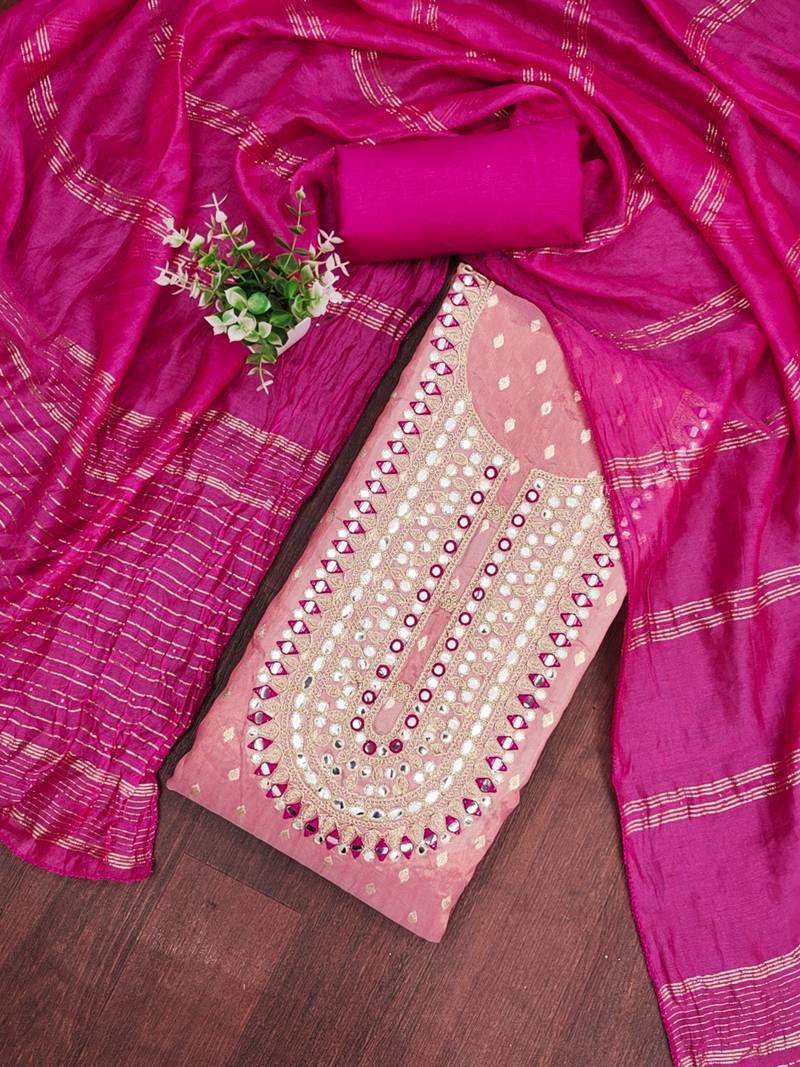 pink weaved shimmer jacquard butti unstitched dress material 
