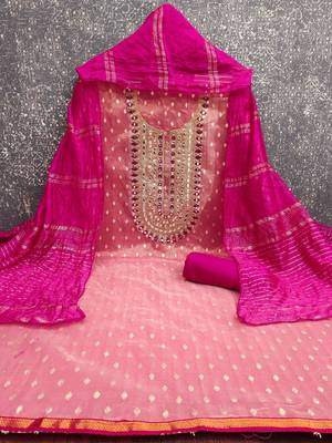 pink weaved shimmer jacquard butti unstitched dress material  2