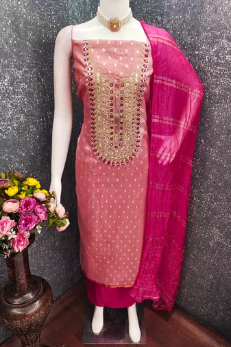 pink weaved shimmer jacquard butti unstitched dress material 