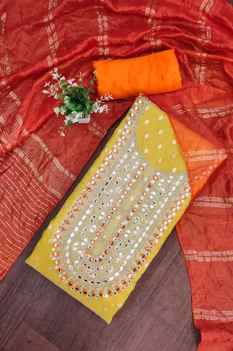 yellow  weaved shimmer jacquard butti unstitched dress material 