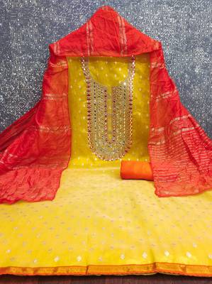 yellow  weaved shimmer jacquard butti unstitched dress material  2