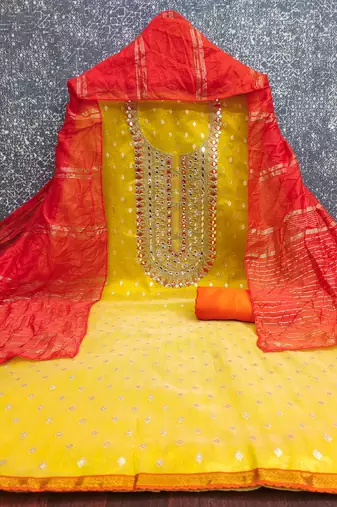 yellow  weaved shimmer jacquard butti unstitched dress material 