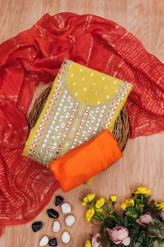 yellow  weaved shimmer jacquard butti unstitched dress material 