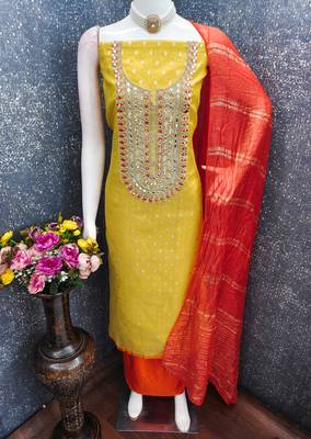 yellow  weaved shimmer jacquard butti unstitched dress material  4