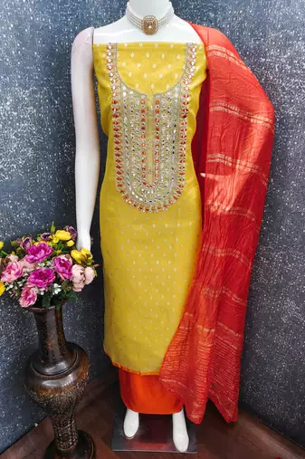 yellow  weaved shimmer jacquard butti unstitched dress material 