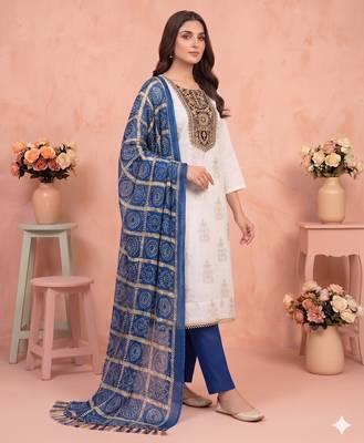 white printed rayon unstitched dress material  3