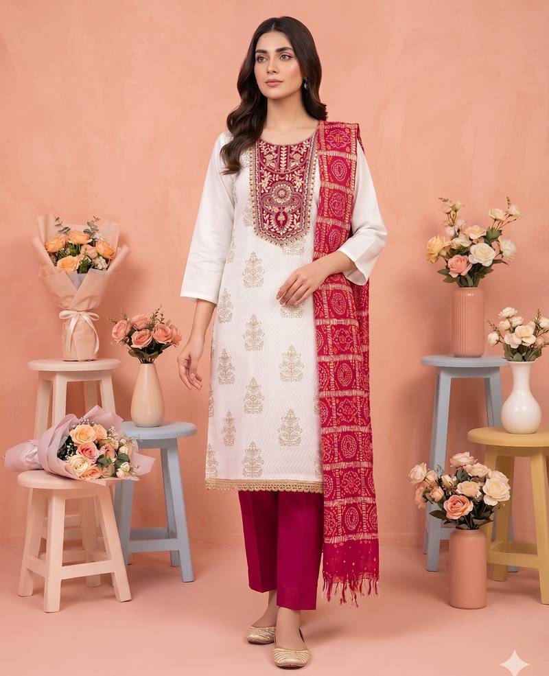 white printed rayon unstitched dress material 
