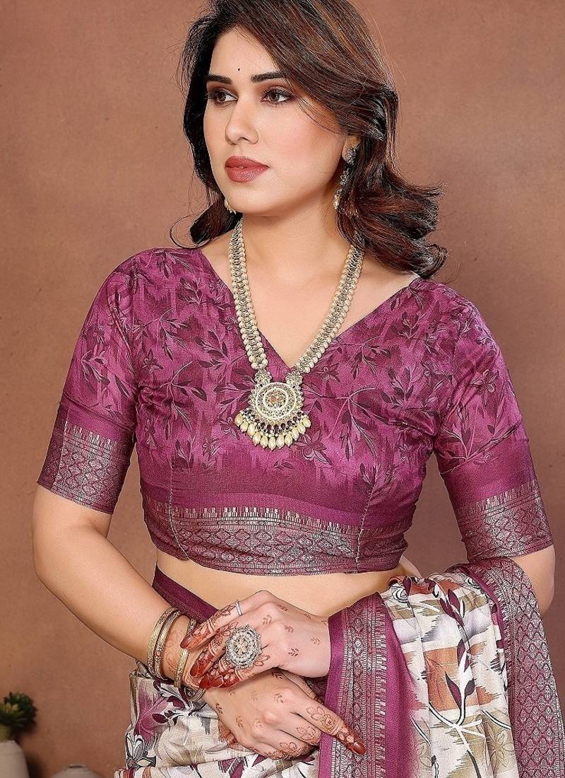 Plum Color Kalamkari Print Cotton Saree 