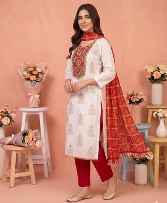 white printed rayon unstitched dress material  3