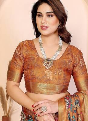 Mustard Color Kalamkari Print Cotton Saree  5