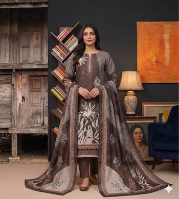 brown printed linen cotton unstitched dress material  1