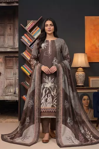 brown printed linen cotton unstitched dress material 