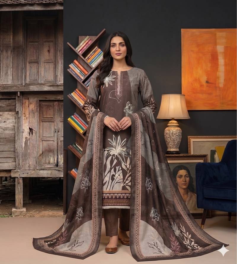 brown printed linen cotton unstitched dress material 