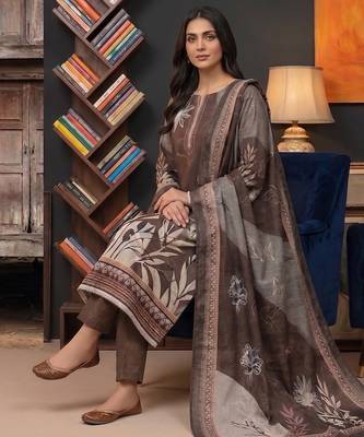 brown printed linen cotton unstitched dress material  2