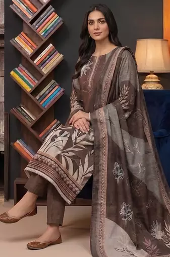 brown printed linen cotton unstitched dress material 