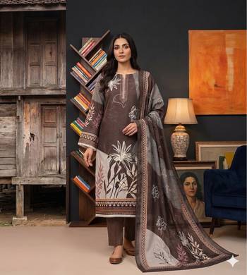 brown printed linen cotton unstitched dress material  3