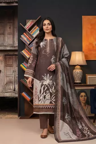 brown printed linen cotton unstitched dress material 