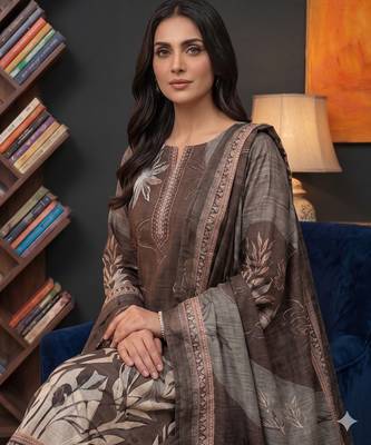 brown printed linen cotton unstitched dress material  4