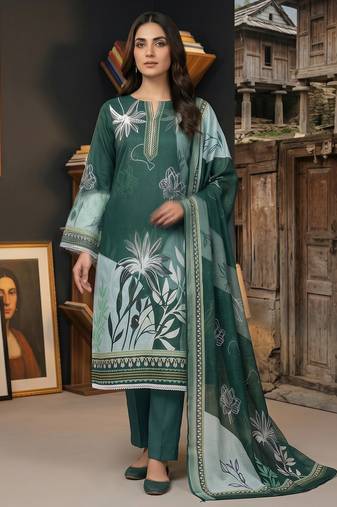 green printed linen cotton unstitched dress material 