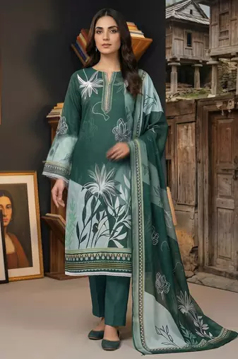 green printed linen cotton unstitched dress material 