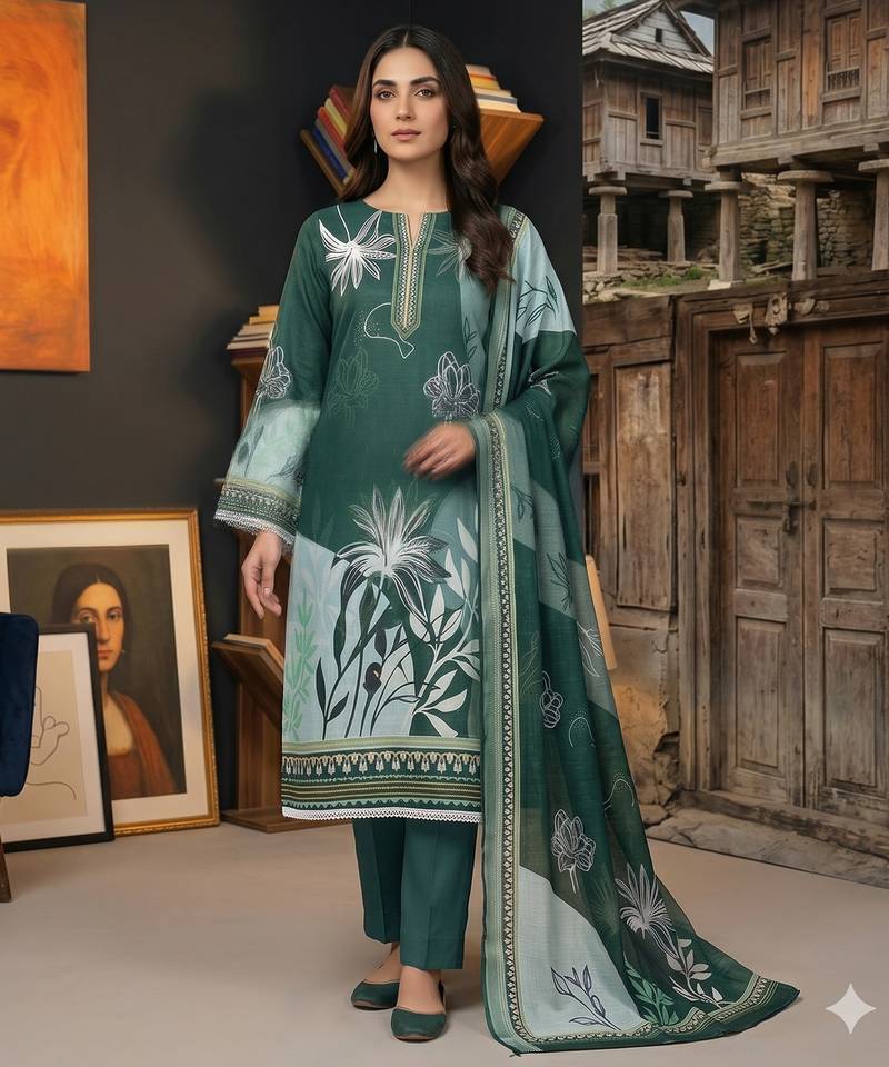 green printed linen cotton unstitched dress material 